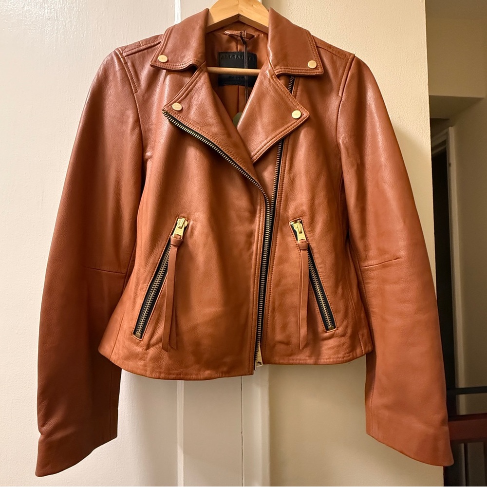AllSaints Cognac Brown Leather Moto Jacket US 8